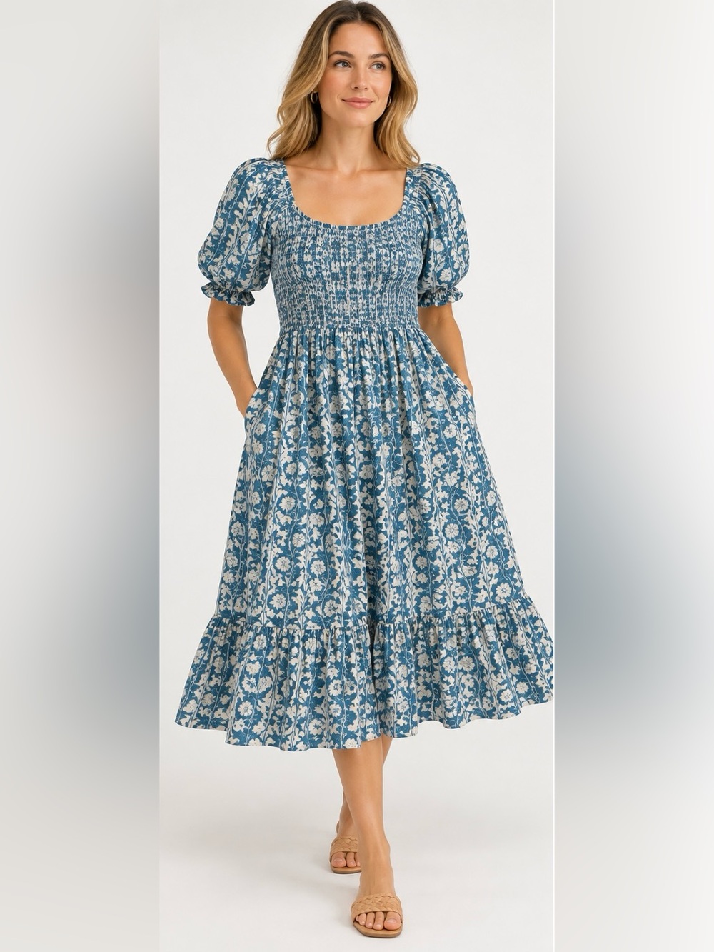 Hill House Home Louisa Nap Dress XL Trailing Blue Vine Floral Smocked midi